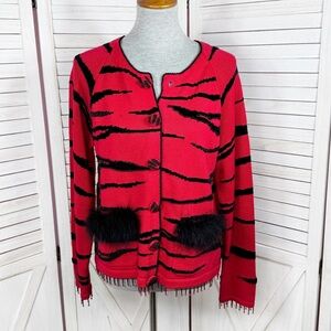 Vintage 90s Berek Beaded Tiger Stripe Cardigan Sweater‎ Red Black Medium